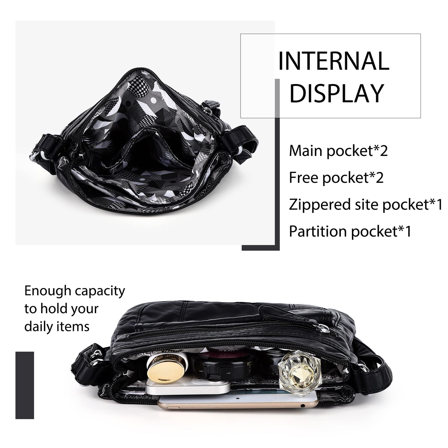 Angelkiss Small Womens Crossbody Bag Leather Shoulder Purse for Women Hobo Bag with Adjustable Shoulder Strap Black