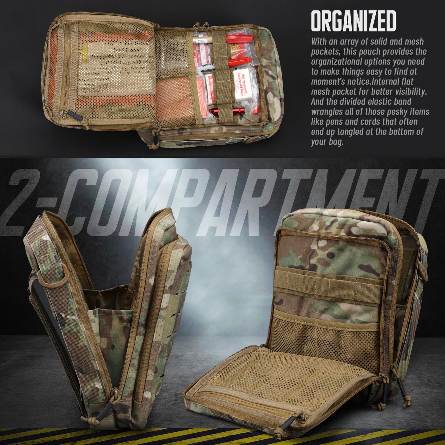 WYNEX Tactical Molle Admin Pouch, Utility EDC Pouch Organizer Modular Tool Pouch of Double Layer Design Medical EMT Attachment Bag Large Capacity with Elastic Webbing Insert Panel