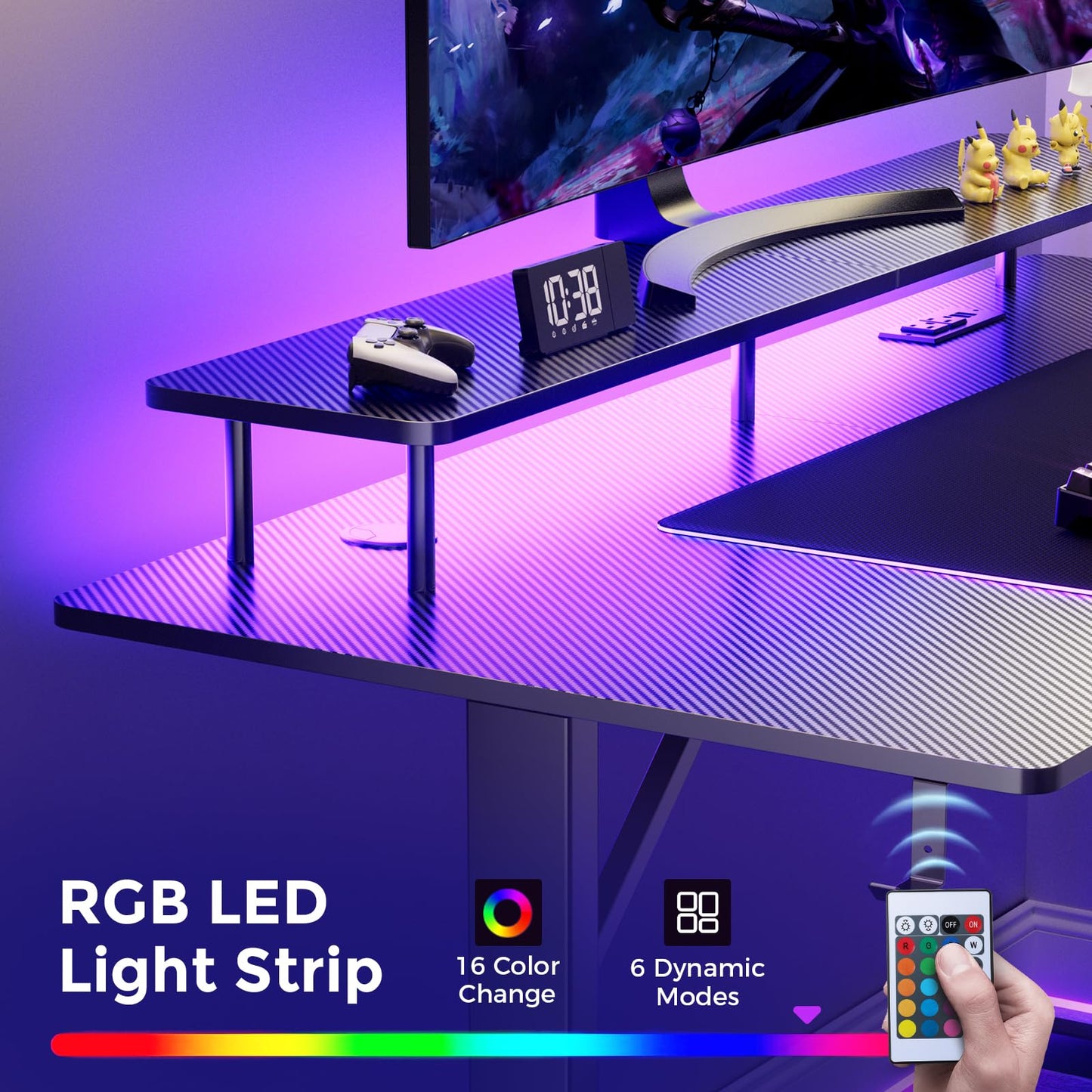 GTRACING 55 Inch Gaming Desk with LED Lights & Power Outlet, Computer Gamer Desk with Monitor Stand, Ergonomic Carbon Fiber Gaming Table Home Office Desk with Headphone Hook & Mouse Pad