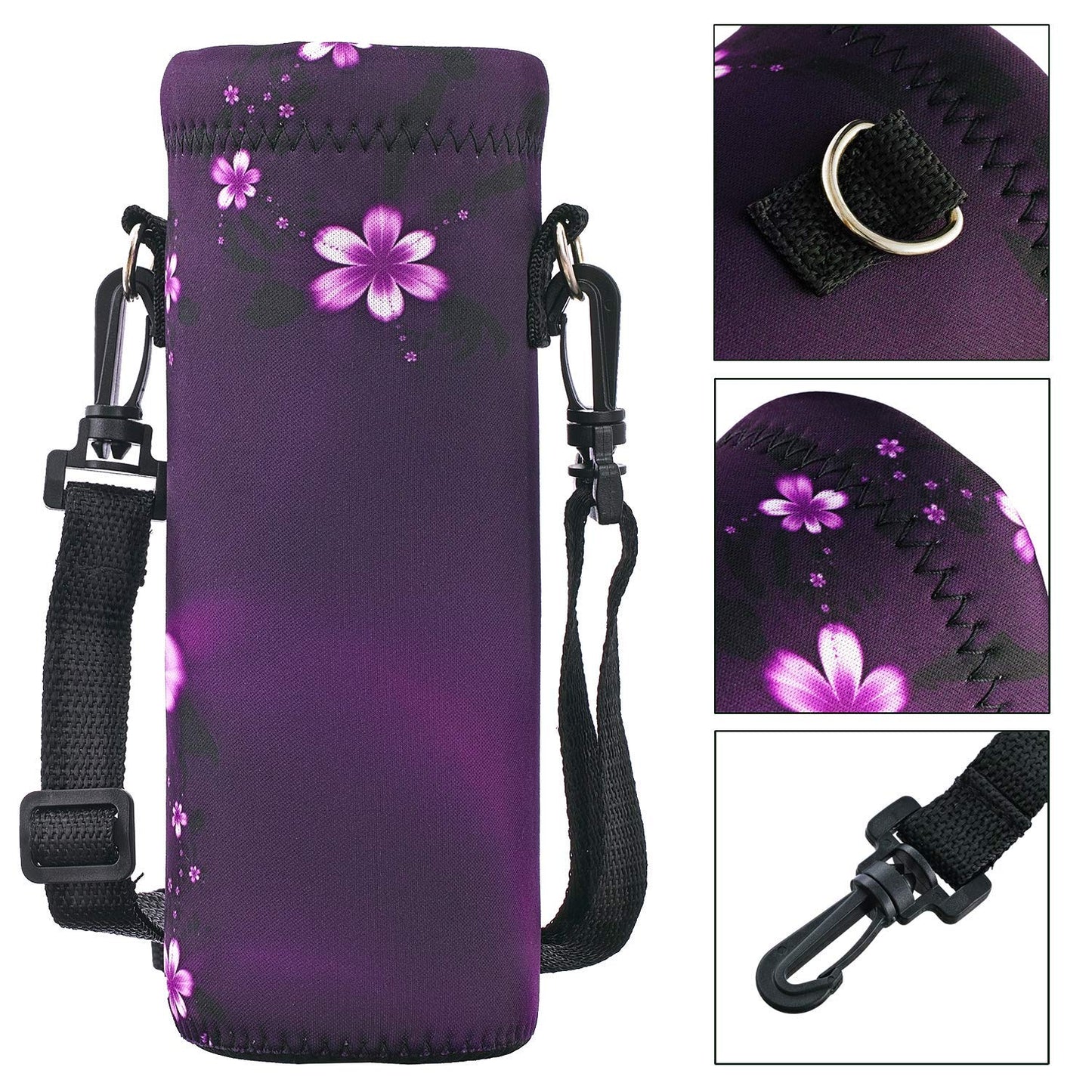 RICHEN Neoprene Water Bottle Carrier Bag with Adjustable Shoulder Strap,Insulated Water Bottle Cover for 500ml/16oz Stainless Steel/Glass/Plastic Bottles (Purple Flowers,500ML)