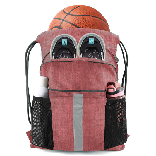 BeeGreen Red Drawstring Backpack Bag with Shoe Compartment X-Large Gym Sports String Cinch Sackpack with Front Inside Zipper Pockets 300D