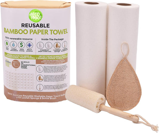 Bamboo Rayon Paper Towels | Washable Reusable Paper Towels, 2 Rolls,(40 Sheets)1 Year Supply & Loofah Sponge & Dish Scrub Brush | Eco Friendly Paper Towel Alternative | Zero Waste Gift Set