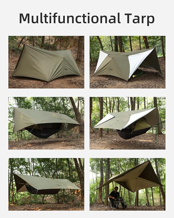 Camping Tent Tarp Waterproof, Ultralight Hammock Rain Fly, Portable Rain Tarp Canopy with Doors, Multifunctional Bushcraft Tarp for Outdoor Backpacking Hiking, UV Protection