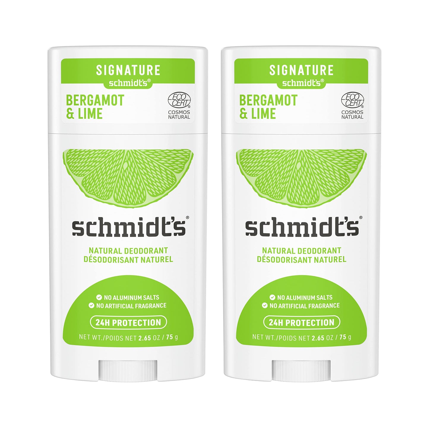 Schmidt's Aluminum Free Natural Deodorant For Women And Men, Bergamot & Lime With 24 Hour Odor Protection, Certified Cruelty Free, Vegan Deodorant, 2.65oz 2 Pack