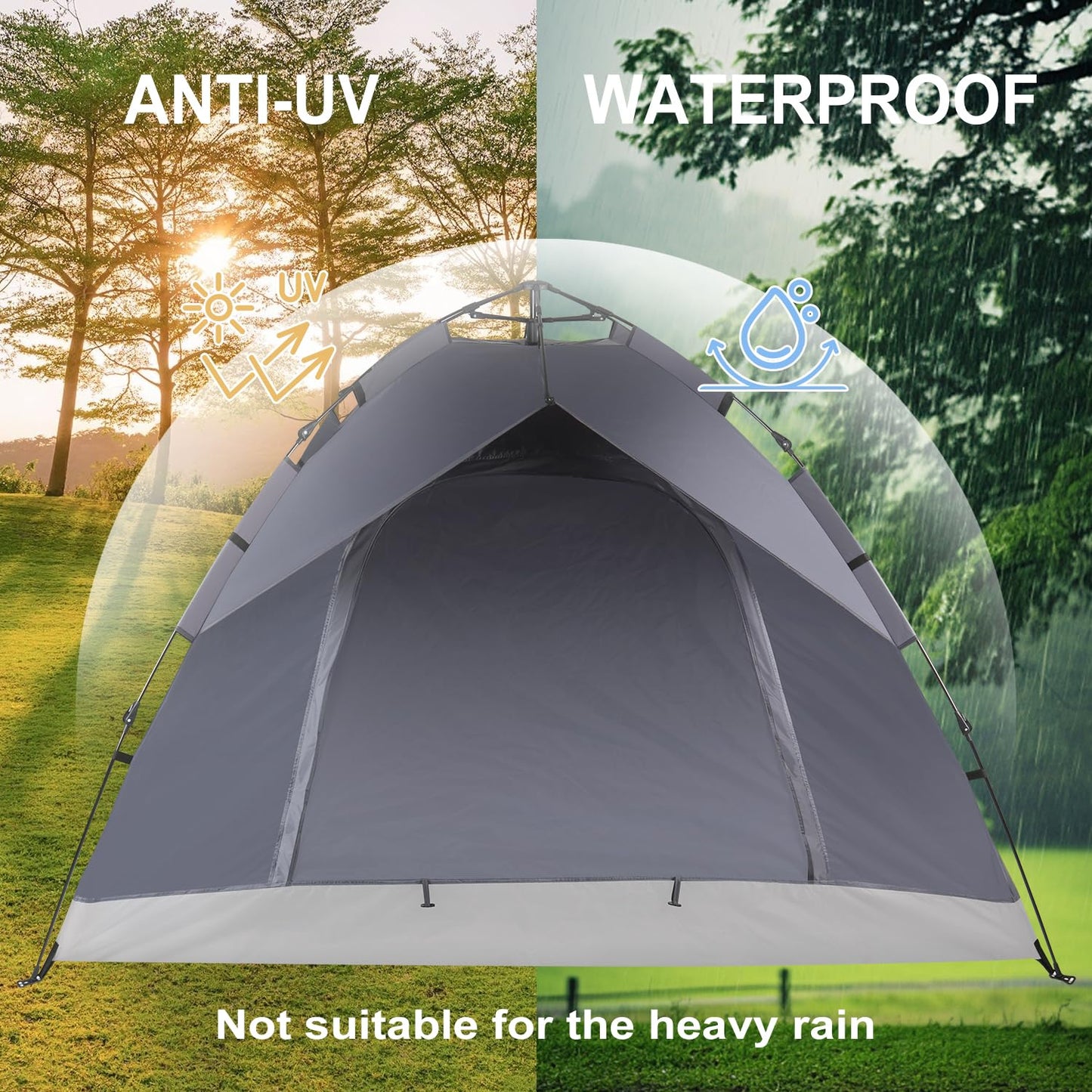 1/2/3/4 Person Pop-Up Camping Tent, Instant Setup Family Tent with Double Layer & Large Mesh Windows, Portable for Hiking, Backpacking & Outdoor Adventures, Waterproof & Windproof