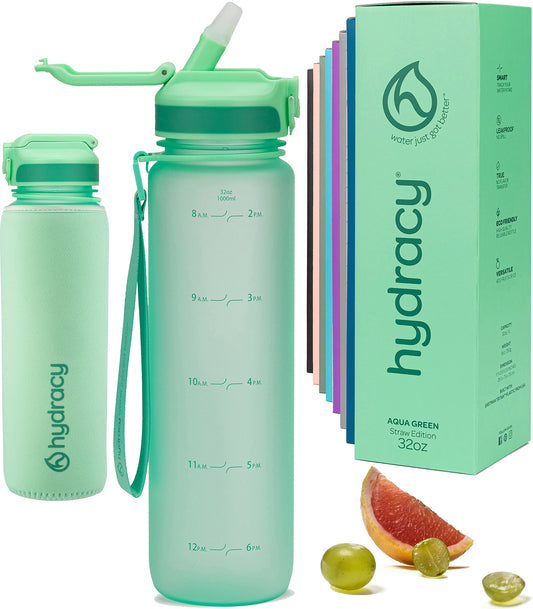 Hydracy Water Bottle with Times to Drink & Straw - Large 32 Oz BPA Free Motivational Water Bottle & No Sweat Sleeve -Leak Proof Gym Bottle with Time Marker - Ideal Gift for Fitness, Sports & Outdoors