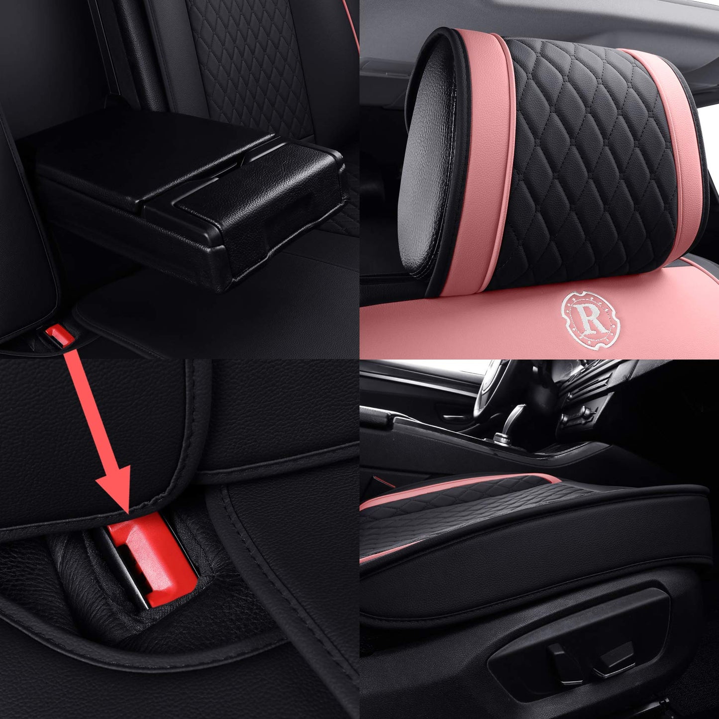 Aierxuan Car Seat Covers for Girls Women Ladies Waterproof Girly Seat Cushion Universal for CRV Acura Hyundai Altima Corolla Wrangler Focus Edge Escape Raider (Full Set, Black-Pink)