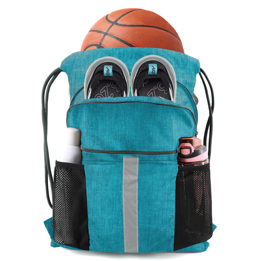 BeeGreen Teal Drawstring Backpack Bag with Shoe Compartment X-Large Gym Sports String Cinch Sackpack with Front Inside Zipper Pockets 300D