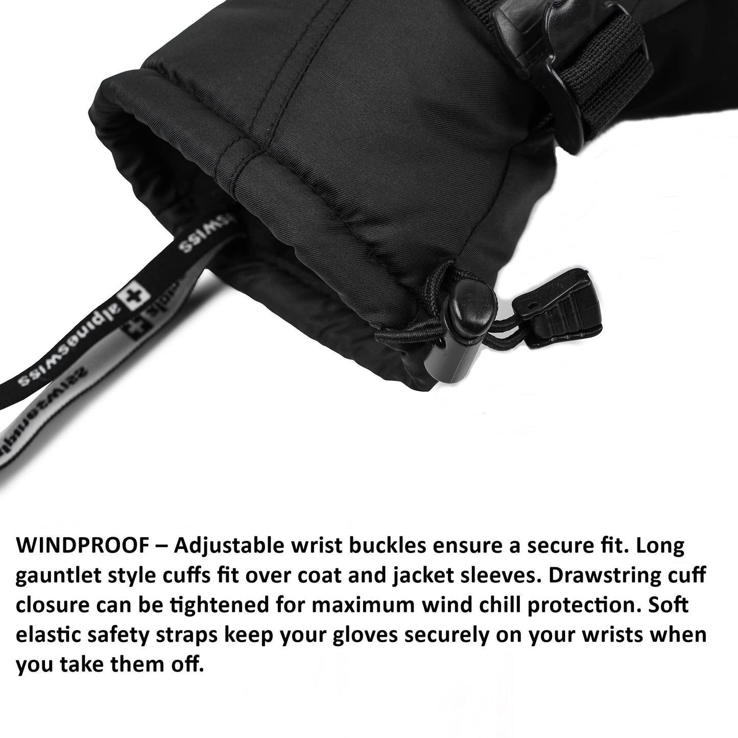 Alpine Swiss Mens Waterproof Gauntlet Ski Mittens Winter Sport Gloves Snowboarding Windproof Warm 3M Thinsulate Black XL