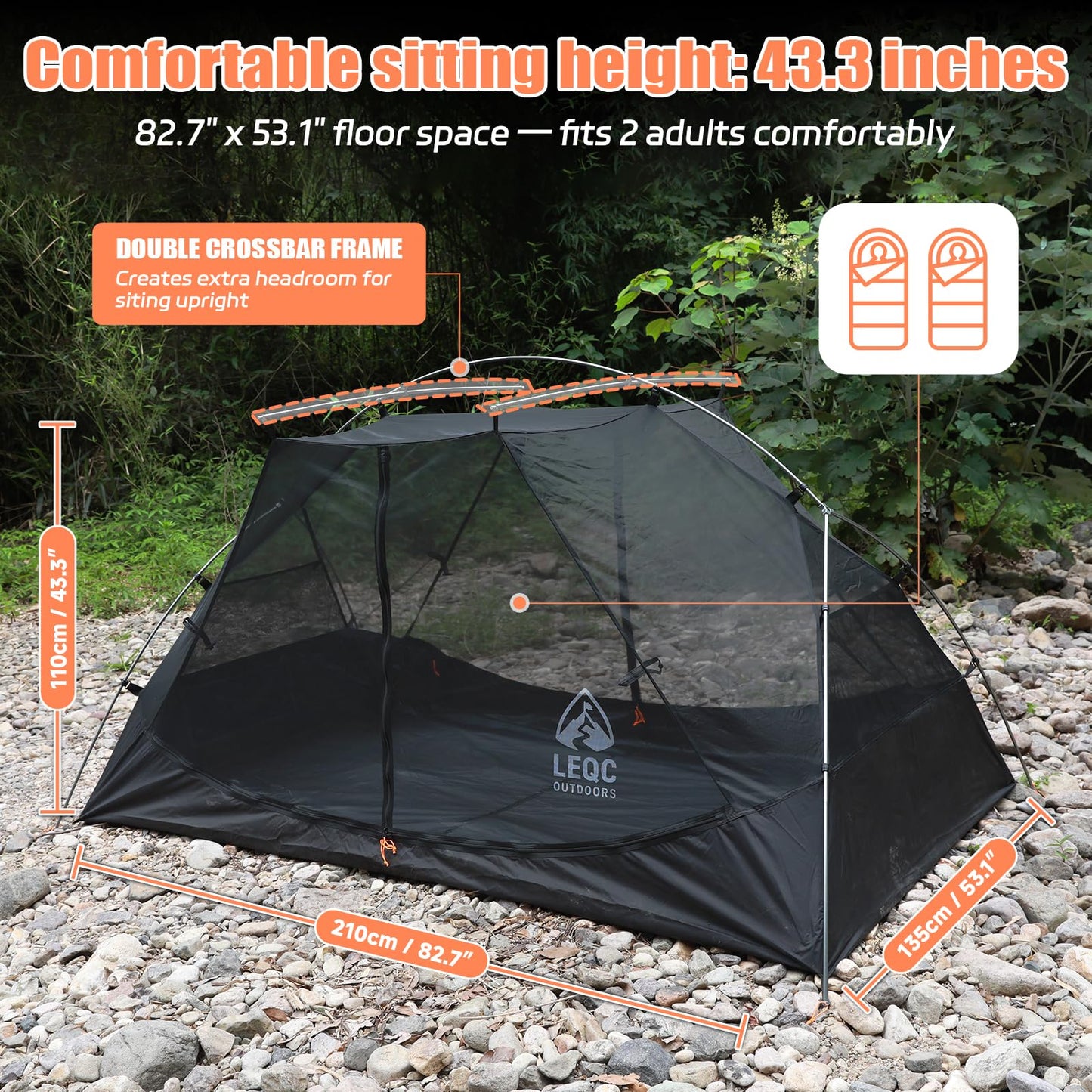 LEQC Ultralight 2 Person Backpacking Tent – Lightweight Tent Waterproof for Hiking, Trekking, Compact Camping Shelter with Aluminum Poles – Two Person Tent for Bikepacking & Camping