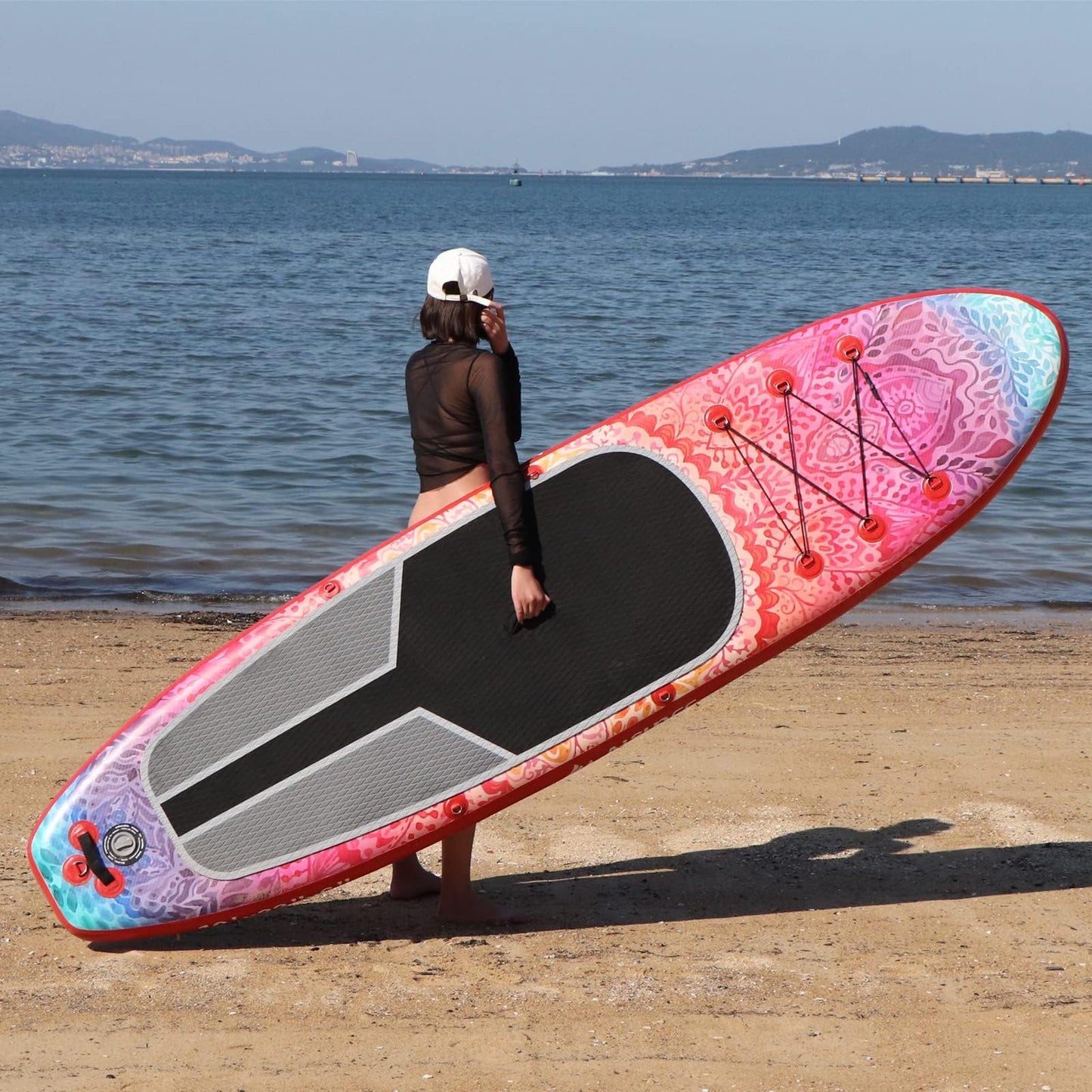 AISUNSS SUP Board 10.6Ft All Around Board Premium iSUP, Yoga Board with SUP Accessories Include Non-Slip mat, Waterproof Phone Bag, Double Action Pump, Adjustable Aluminum Paddle (Red Meditation)