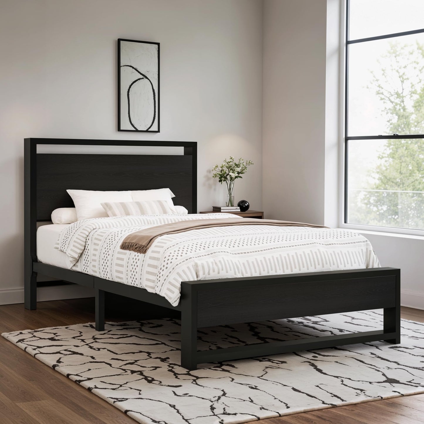 Allewie Sturdy Metal and Wooden Bed Frame with Headboard and Footboard,8.6" Underneath Space, No Box Spring Needed, Modern Design,Black,Twin