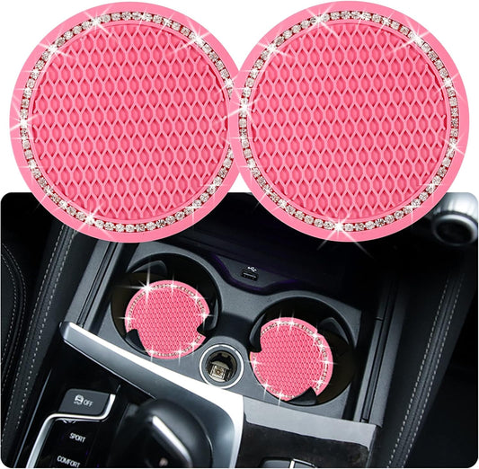 2PCS Bling Car Cup Coaster, 2.75 Inch Auto Cup Holder Insert Coasters Silicone Anti-Slip Crystal Rhinestone Drink Mat, Universal Vehicle Interior Accessories for Women Girls (Pink)