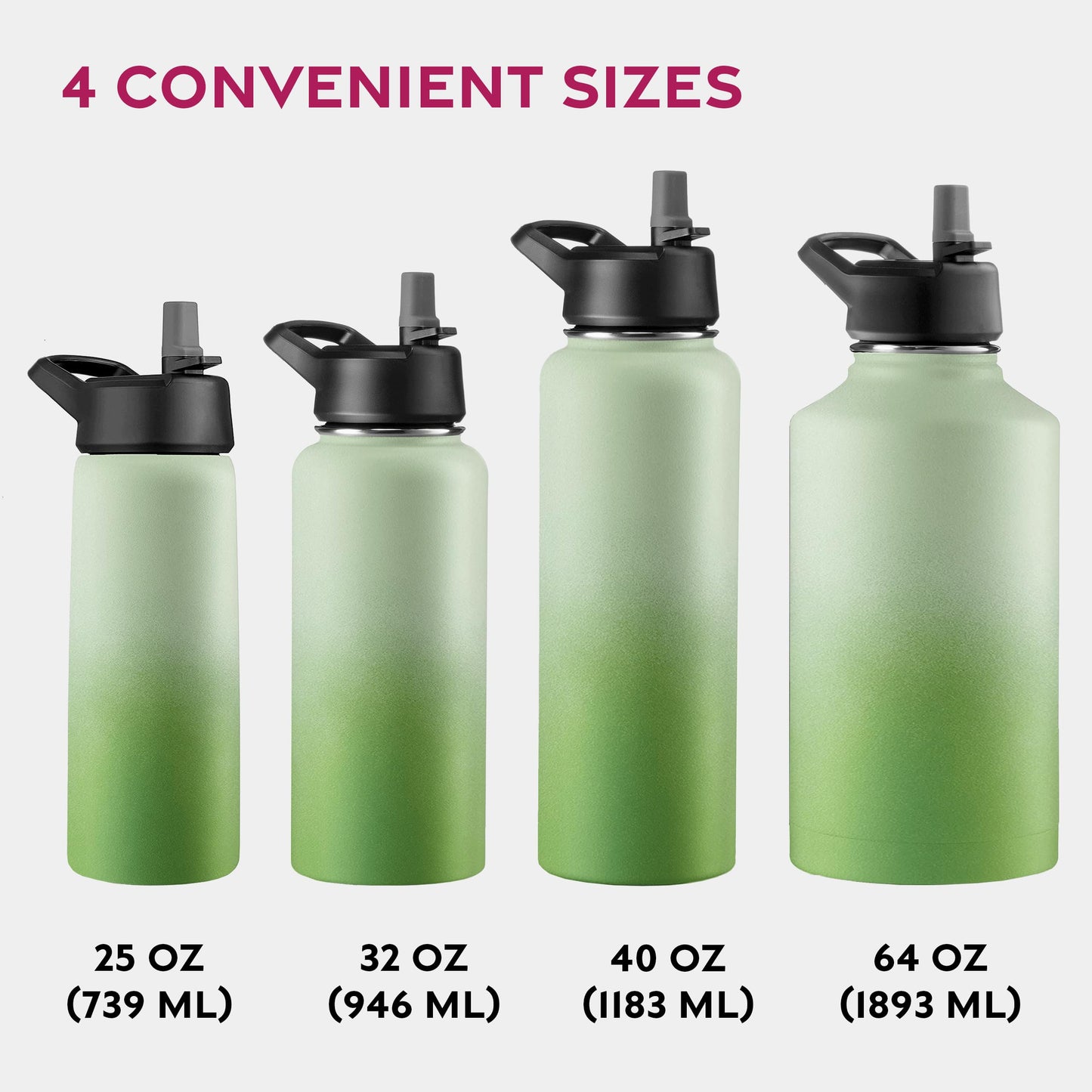 FineDine Triple Walled, Insulated Water Bottles with Straw - 25 Oz Stainless Steel Metal Bottle W/ 3 Leak Proof Lids - For Travel, School, Sports, Gym / Men, Women & Kids - Dreamy Green