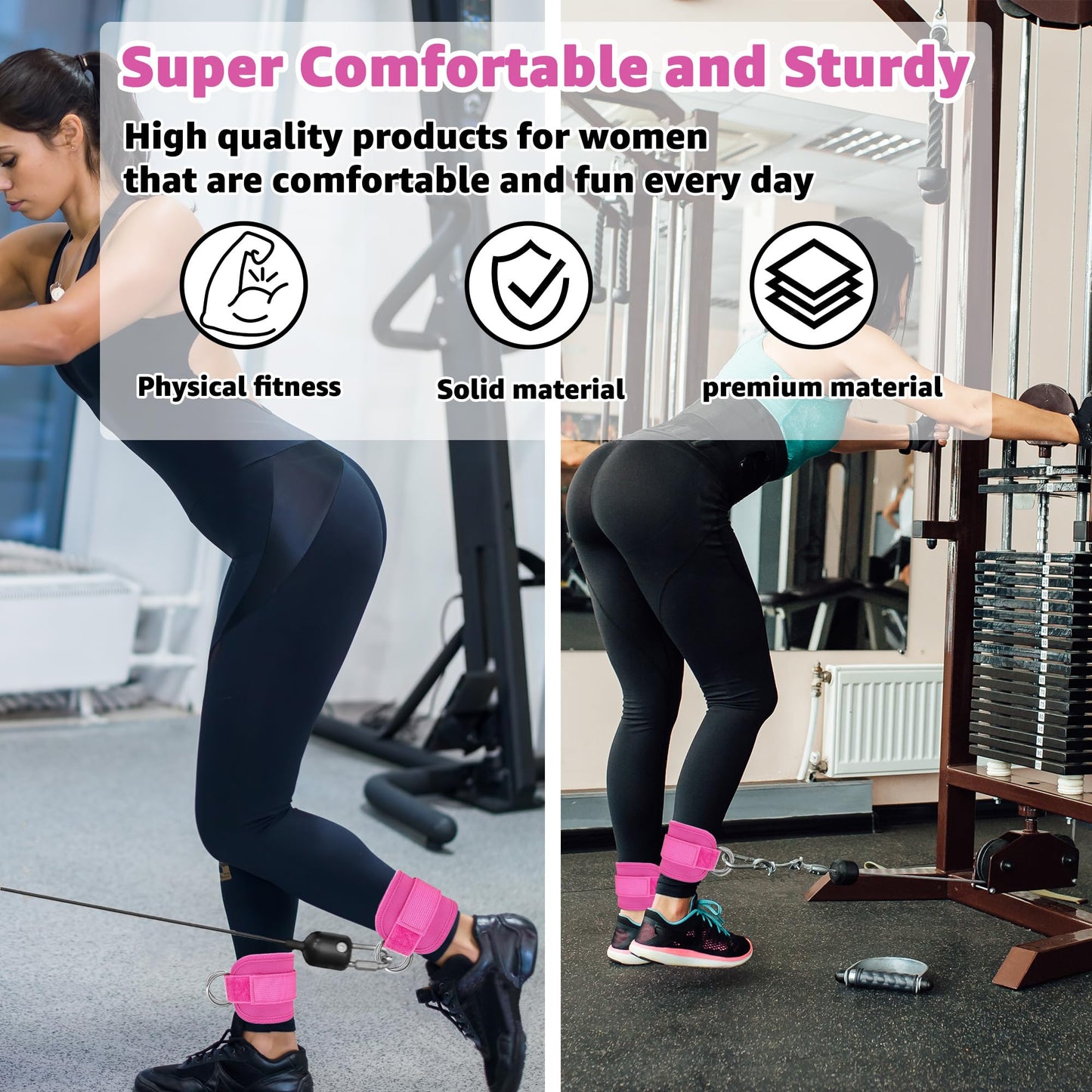 Anemeeoke Fitness Ankle Straps for Cable Machine, Kickbacks Glute Workouts, Lower Body Exercises, Adjustable Leg Straps with Neoprene Padding Men Women(Rose-Pink)