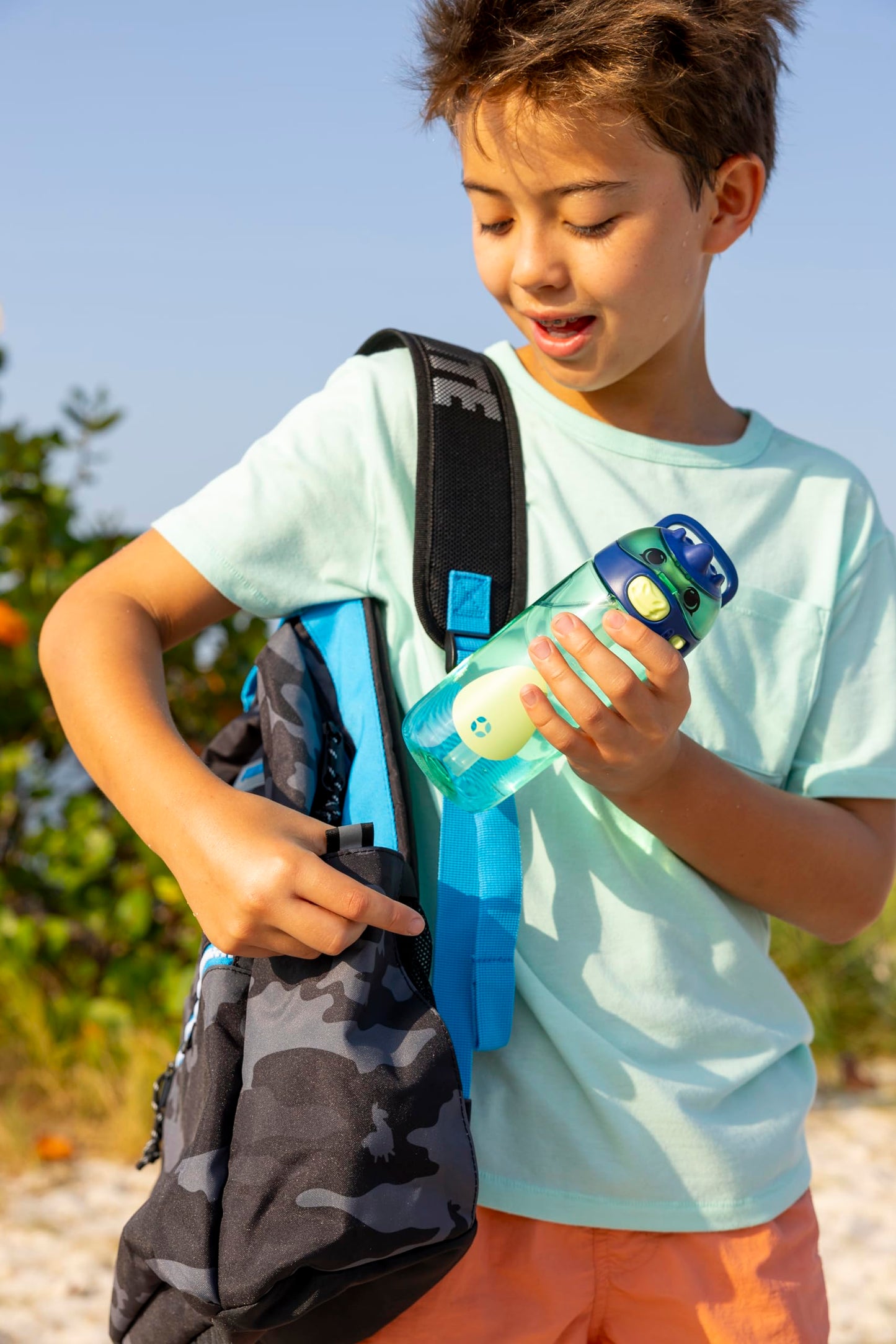 Ello Ellies 16oz Plastic Kids Water Bottle with Straw and Built-in Carrying Handle and Leak-Proof Locking Lid for School backpack, Lunchbox and Outdoor Sports, Dino