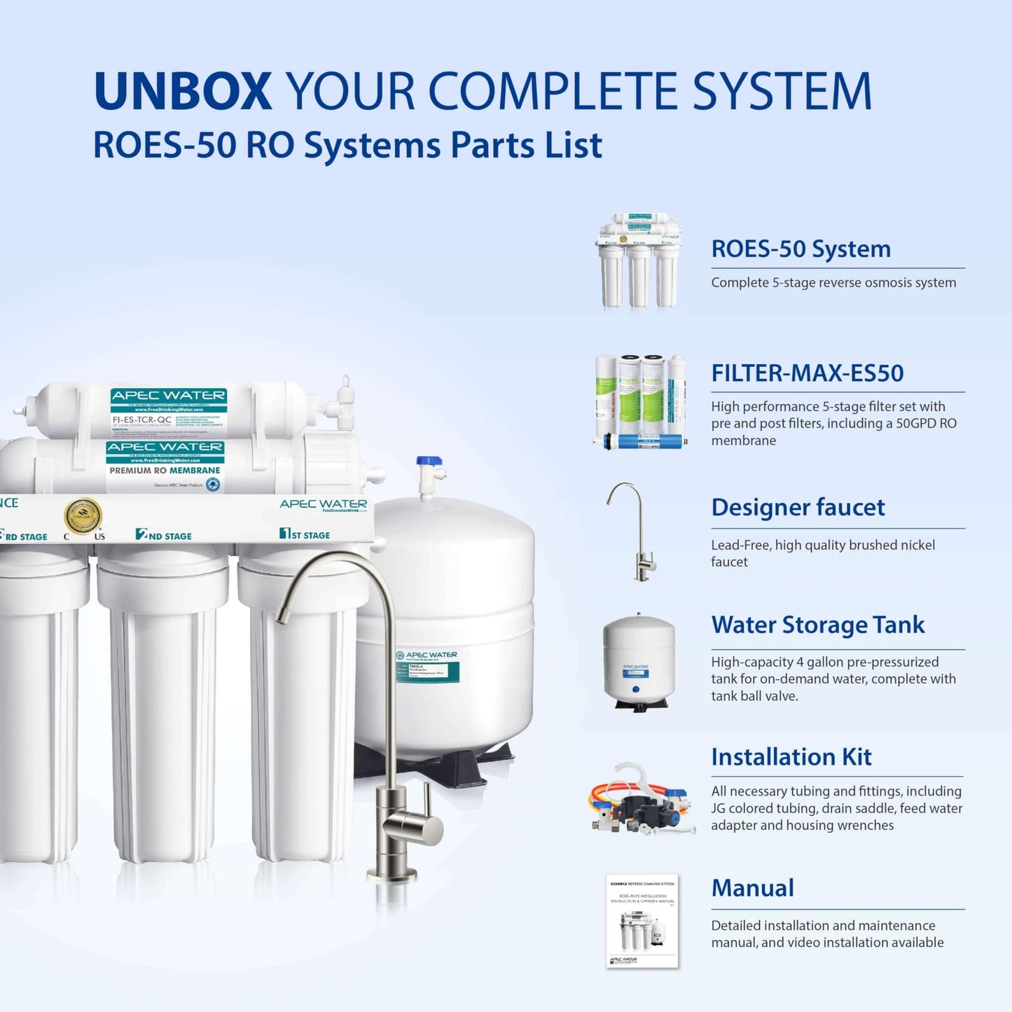 APEC Water Systems ROES-50 Essence Series Top Tier 5-Stage WQA Certified Ultra Safe Reverse Osmosis Drinking Water Filter System