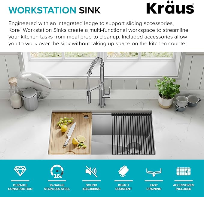 Kraus KWU110-32 Kore inch Undermount 16 Gauge Single Bowl Stainless Steel Kitchen Integrated Ledge and Accessories (Pack of 5), 32 Inch, 32"-Workstation Sink