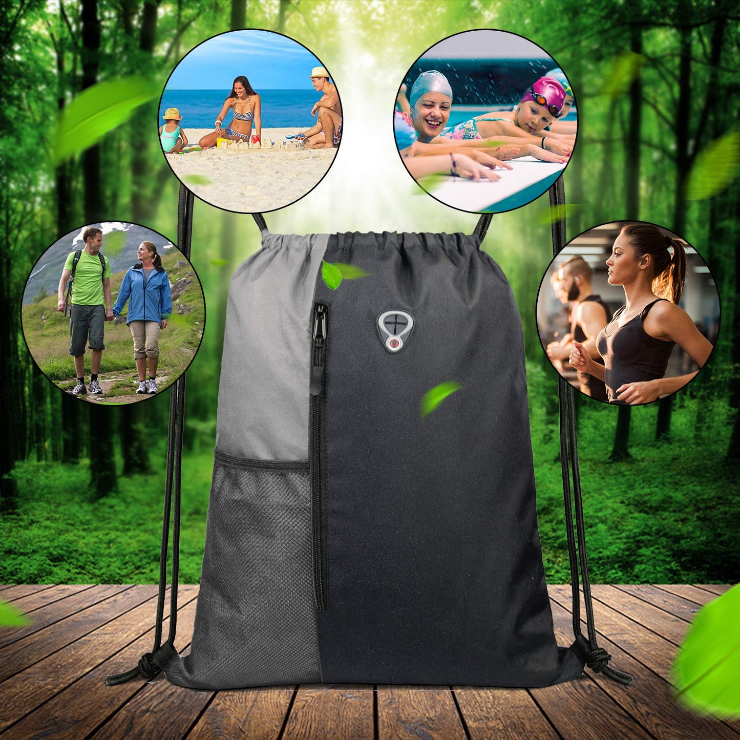 BeeGreem Grey Sport Bag Drawstring Backpack String Bag For Men Women Gym Backpack With Water Bottle Mesh Pockets And Two Zipper Pockets 16" x 20"