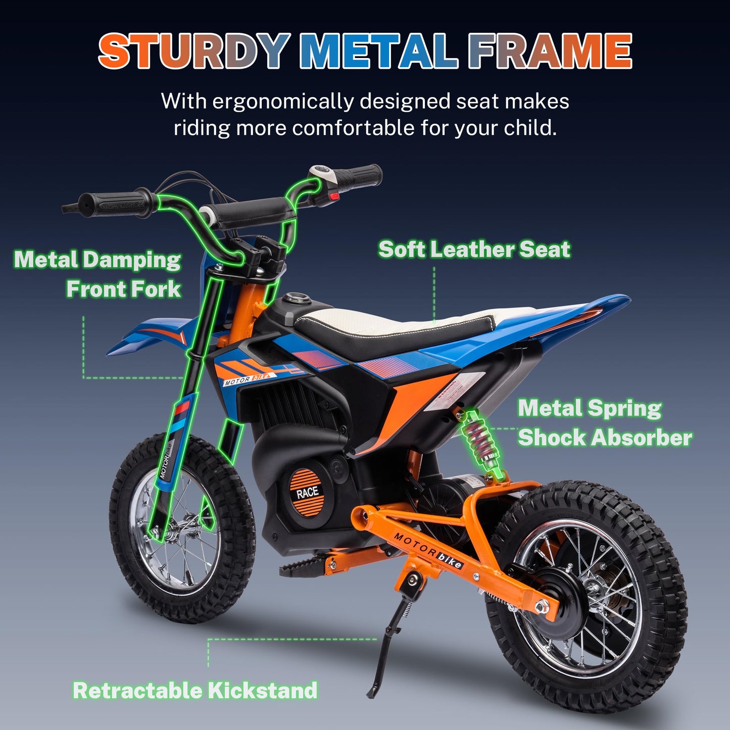 ENYOPRO 24V Electric Dirt Bike for Kids, 250W Kids Electric Motorcycle w/12.6" Air-Filled Tires, Disc Brake, Spring Suspension, Max 13.7 MPH & 8.9 Miles Long-Range, for Kid Ages 13+ (Blue & Orange)
