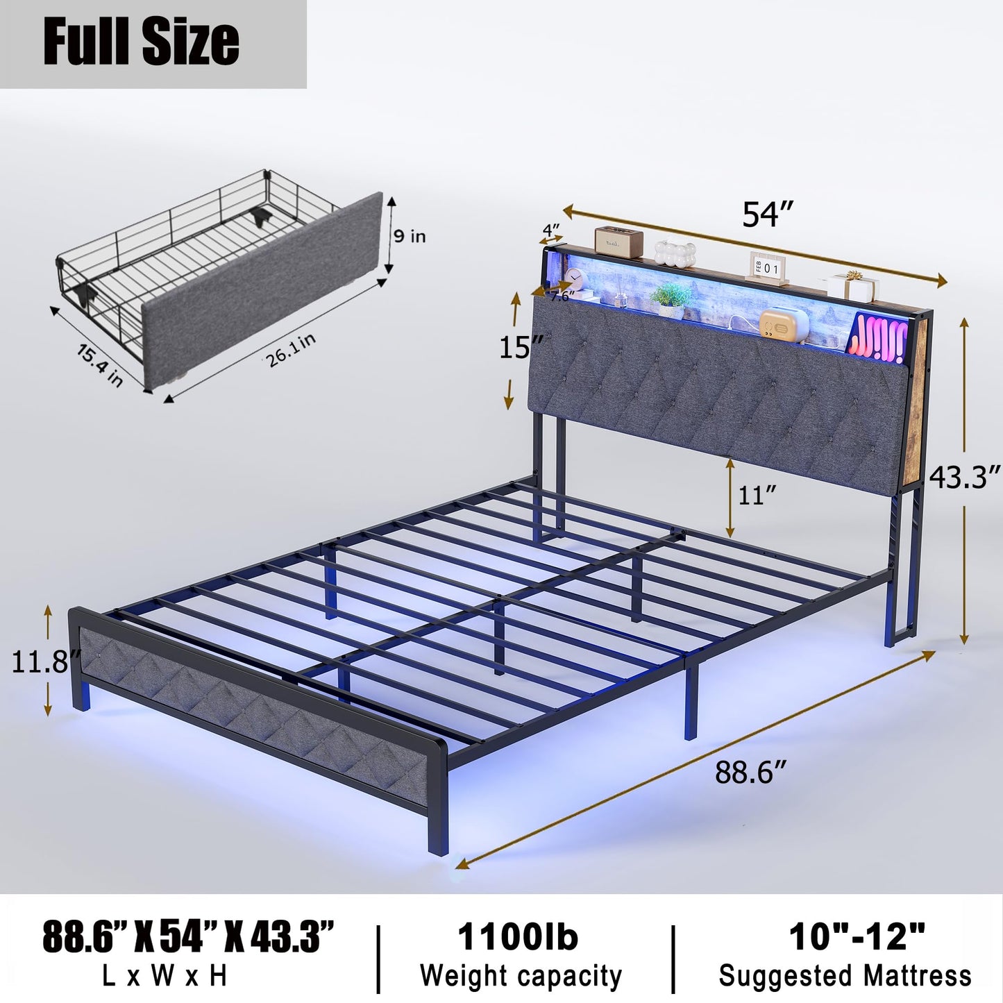 Ailisite Full Size Bed Frame with Storage Headboard and Charging Station, Led Bed Frame Full Size with Charging Station, Upholstered Platform Bed Frame with Hidden Storage, Easy Assembly, Dark Grey