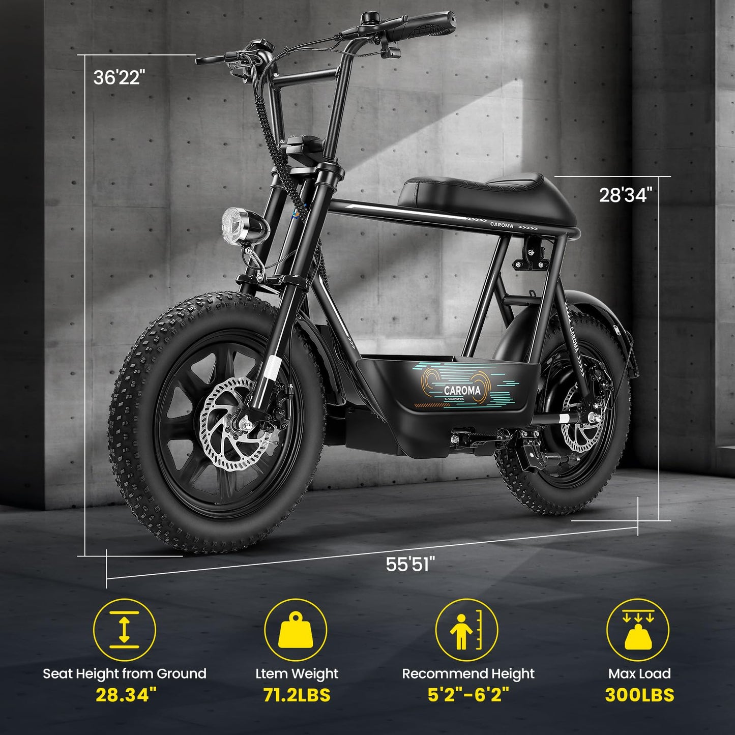 Caroma Peak 1200W Electric Scooters with Seat for Adults, 16" Fat Tire for All-Terrain, 30Miles Max Range, 20mph Top Speed, Commuter Ebike for Adults&Teens, Motorcycle Style