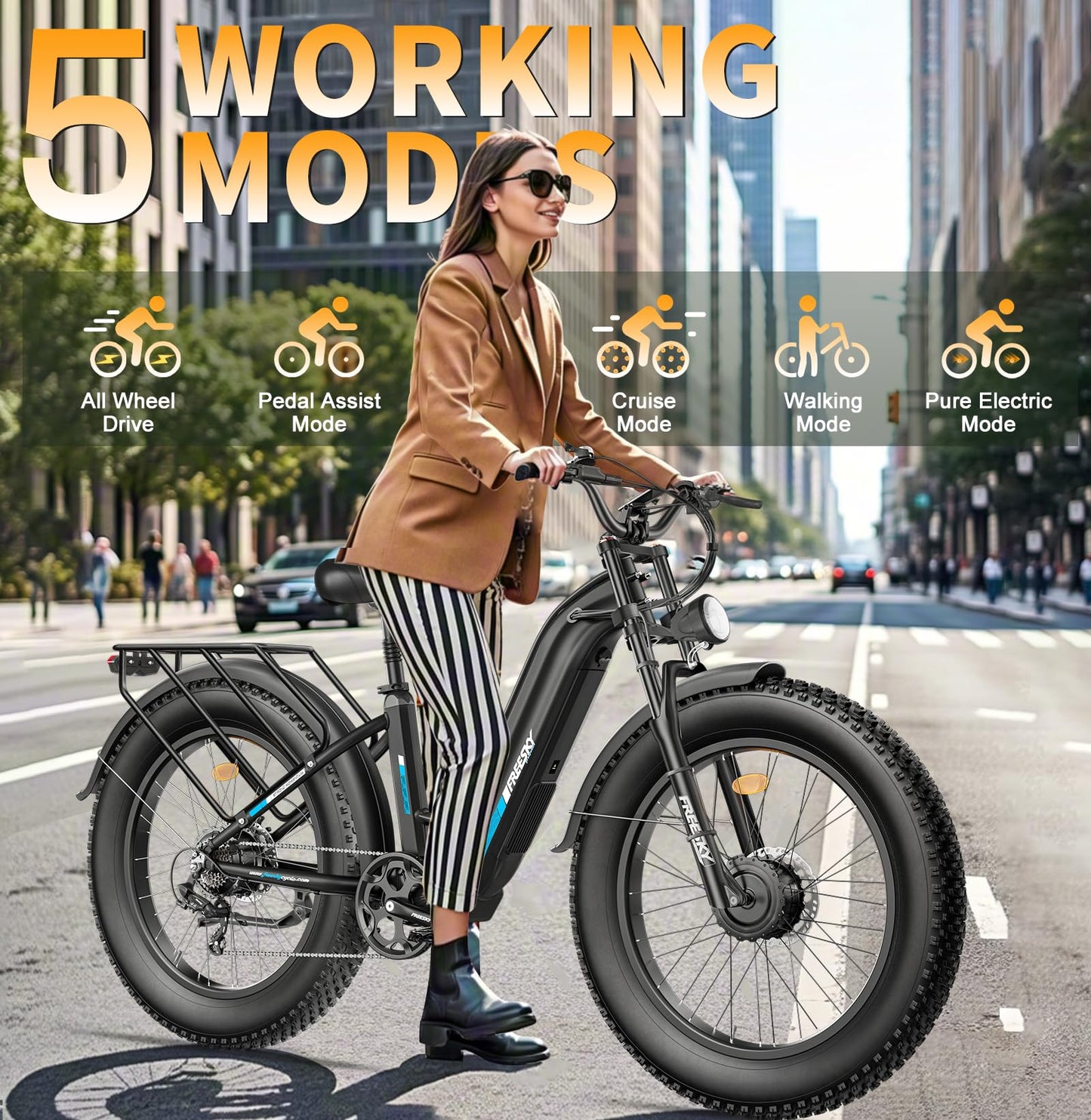 FREESKY Electric Bike for Adults-Dual Motor 3500w 48v 25ah Battery 26x4 Fat Tire 38MPH Electric Bicycle 60-95 Miles Hydraulic Disc Brake Electric Mountain Bike Step-Through Speed Unlocked Ebike