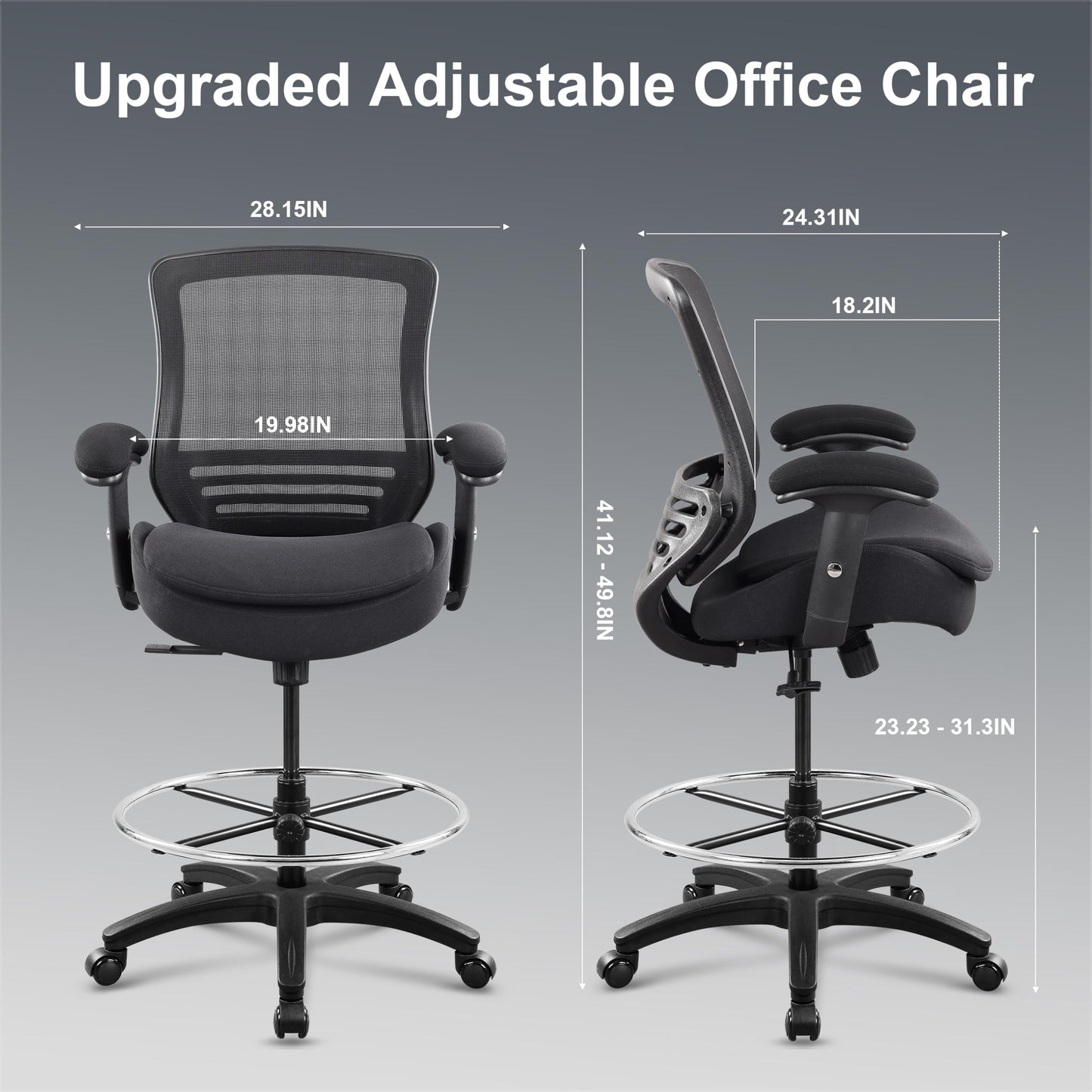 WITTLONG 400lbs Tall Office Drafting Chair with Extra Seat Cushion for High Standing Desk with Lumbar Support and Enlarged Adjustable Footring-Black