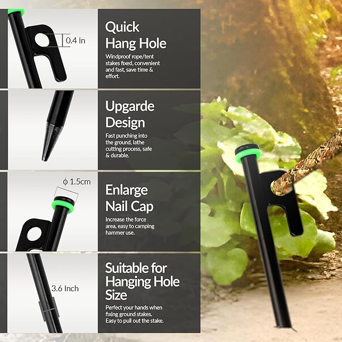 Pack 8 Tent Stakes Heavy Duty Metal, 12-inch Camping Stakes - Unbreakable Tent Pegs with Glow Ring for Enhanced Visibility, Durable Ground Stakes for Outdoor Adventures