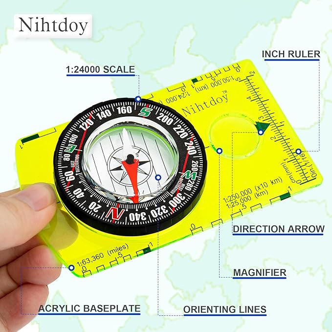 Multipurpose Outdoor Compass for Hiking, Scouting, Camping, and Navigation - Liquid-Filled, Transparent Base with Measuring Scales, Durable and Compact