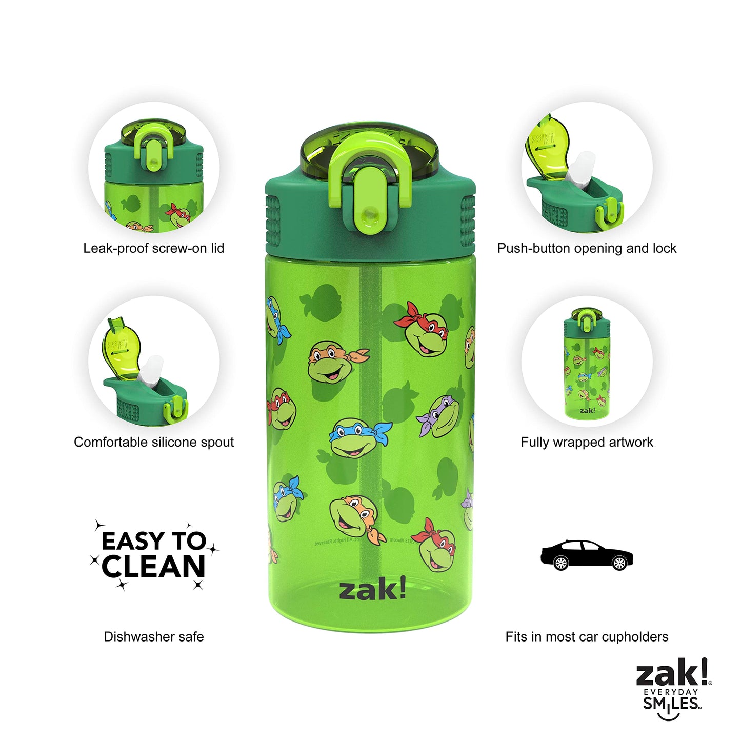 Zak Designs Teenage Mutant Ninja Turtles Kids Water Bottle For School or Travel, 16oz 2 Count (Pack of 1) Durable Plastic Water Bottle With Straw, Handle, and Leak-Proof, Pop-Up Spout Cover (TMNT)