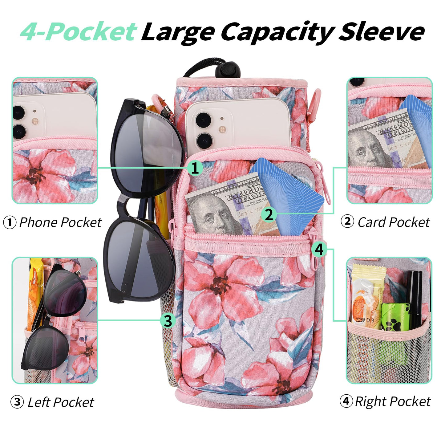 AceTreker Water Bottle Holder with Strap 32oz 40oz Metal Water Bottle Sleeve with 4 Pocket Sport Water Flask Carrier Sling Bag with Paracord Handle for Gym Walking Hiking-Pink Flowers