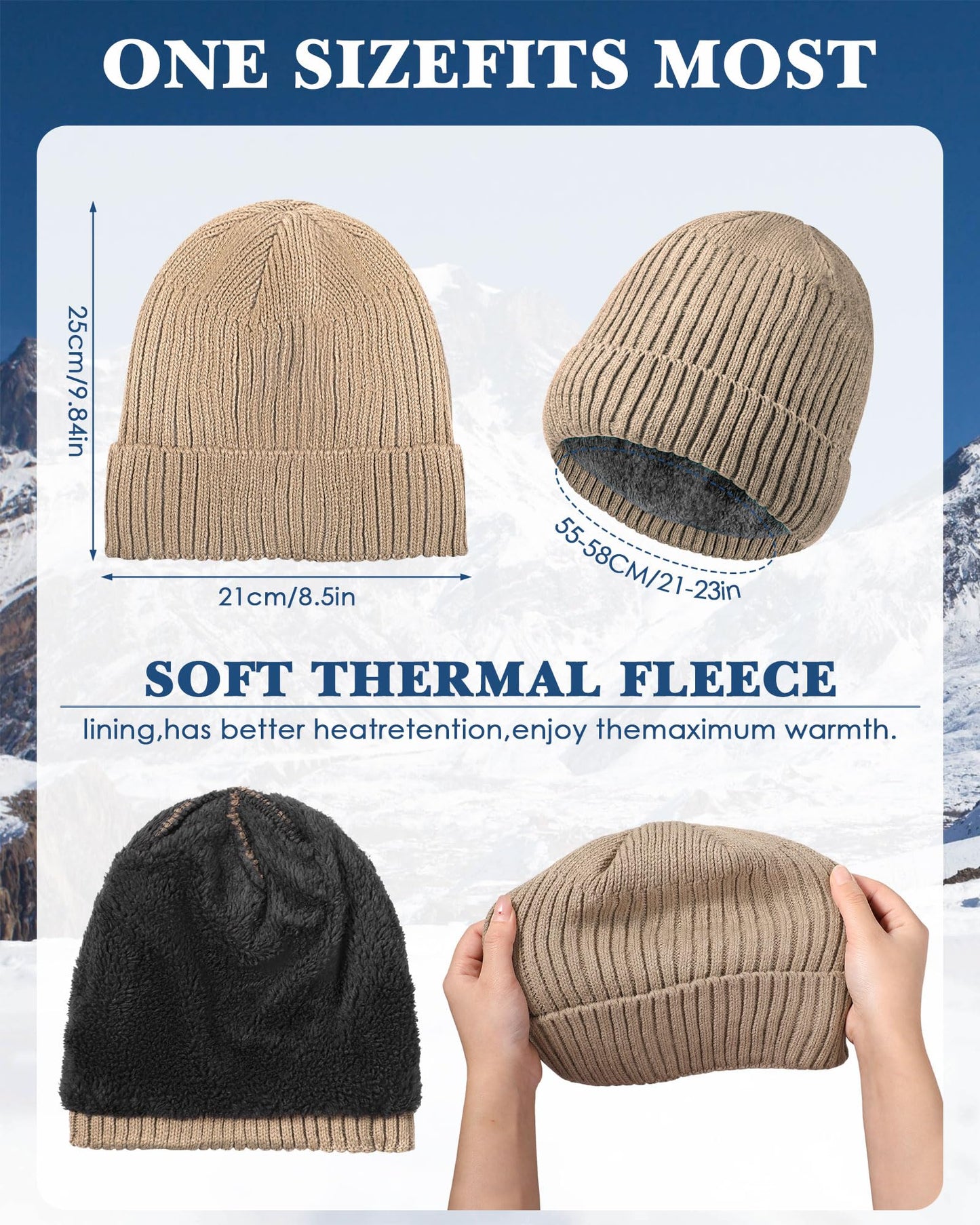 Suhine 6 Pcs Winter Fleece Beanies Hats Bulk Soft Warm Knitted Cuffed Beanie Lined Knit Hat for Cold Weather Women Men(Dark Color)