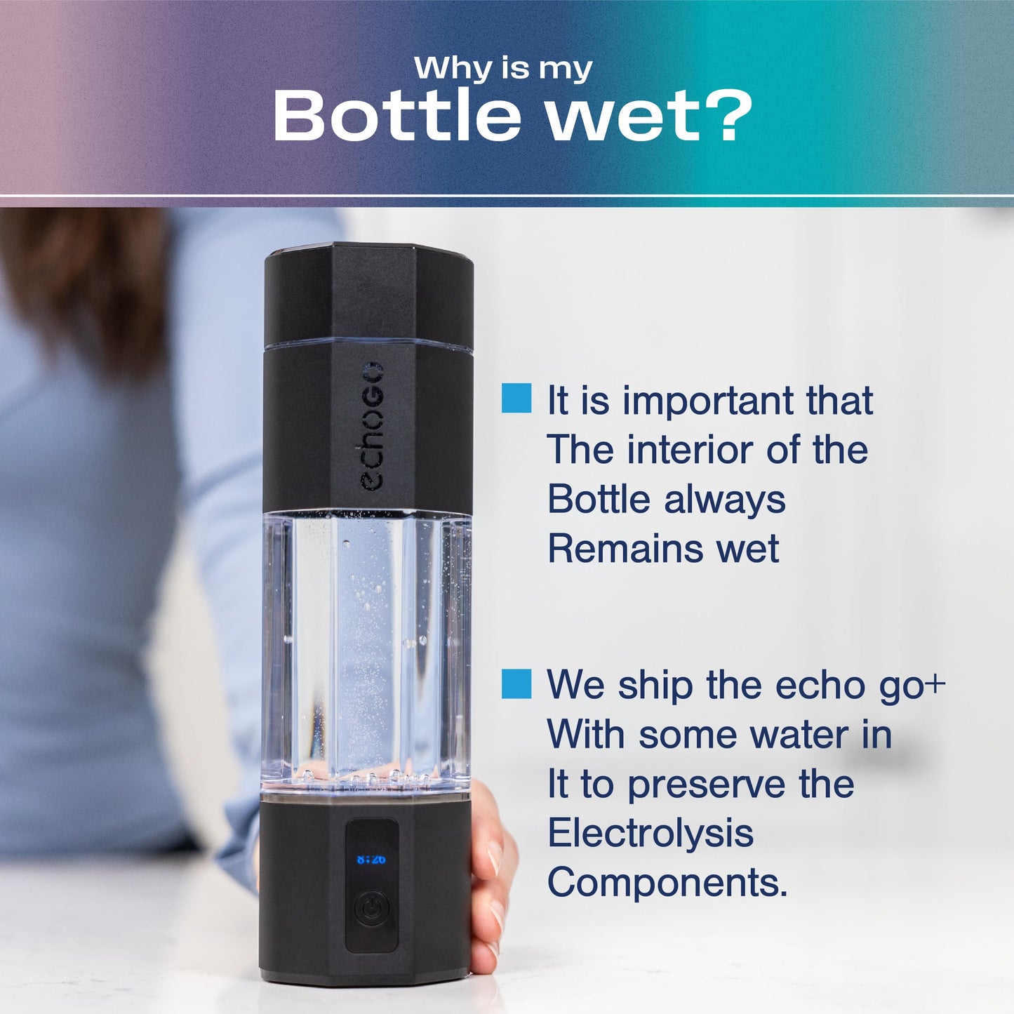 Echo Go+ Hydrogen Water Bottle - Hydrogen Infusion Technology - Rechargeable Water Bottle - SPE & PEM Purification - Active Hydration Support for Skin Health & Immune Function - 10 oz