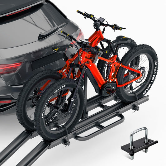 2 EBike Rack with Ramp, 2" Hitch Mounted Carrier Bike Racks Platform, Heavy Duty 200 Lbs Max Loading for 5" Fat Tire, Standard and Electric Bicycles, Foldable E-Bike Rack for Vans SUVs Cars Trucks