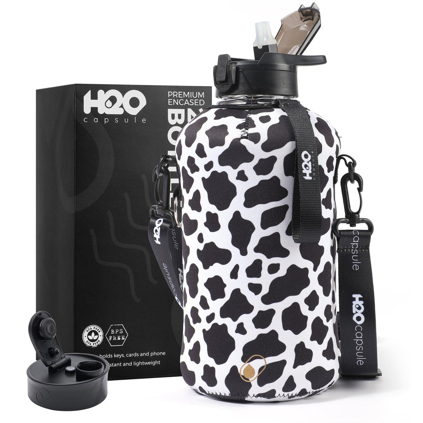 H2O Capsule 2.2L Half Gallon Water Bottle with Storage Sleeve and Covered Straw Lid – BPA Free Large Reusable Drink Container with Handle - Big Sports Jug, 2.2 Liter (74 Ounce) Cowbell