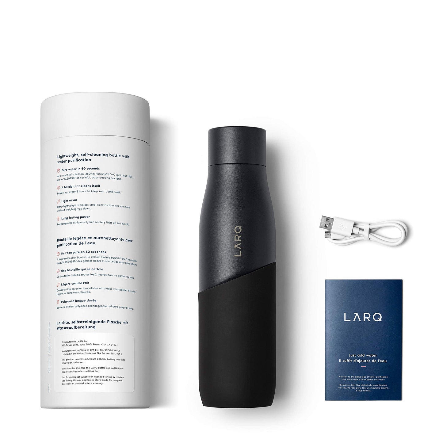 LARQ Bottle Movement PureVis 32 oz- Lightweight Self-Cleaning and Non-Insulated Stainless Steel Water Bottle with UV Water Purifier | Reusable & Travel Friendly, 1-Year Warranty, Black/Onyx