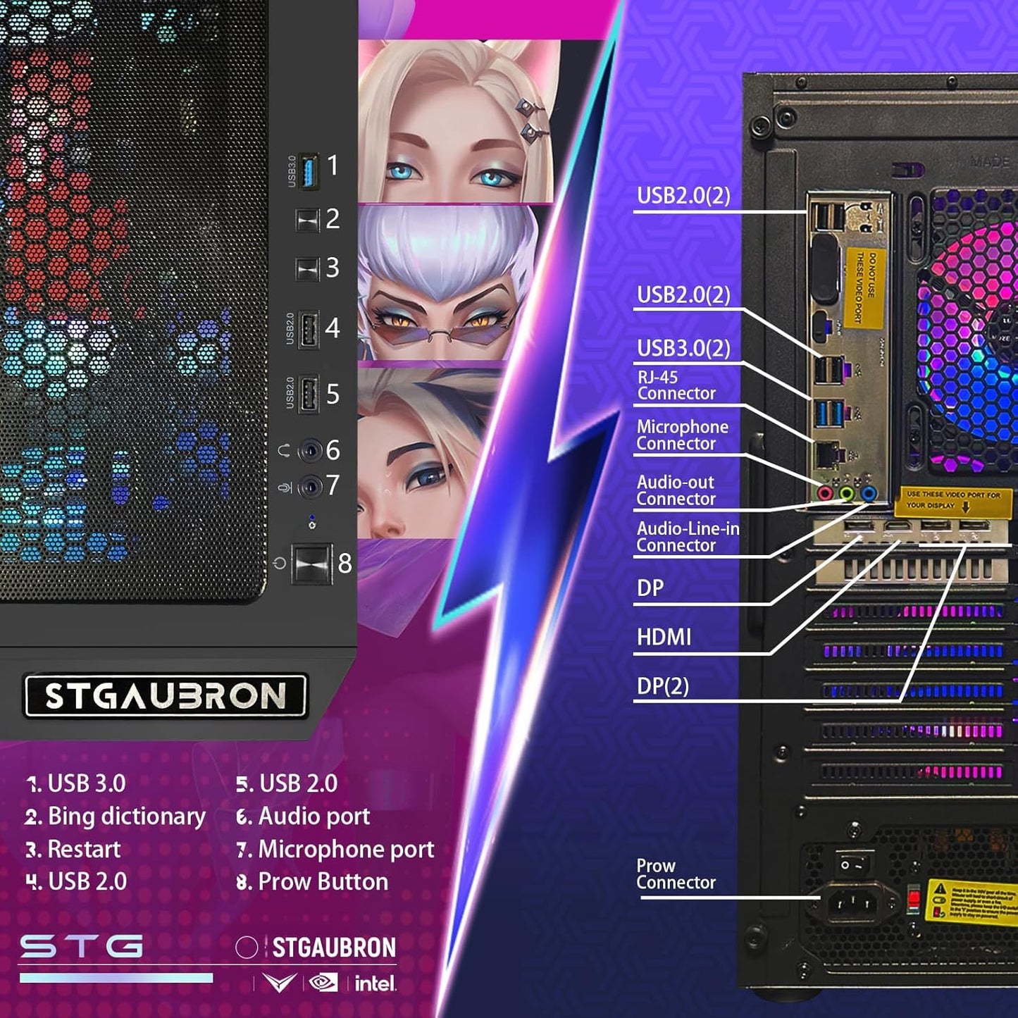 STGAubron Gaming PC Computer Desktop, Intel Core i7-6700 up to 4.0G, Radeon RX 5700 XT 8G, 16G DDR4, 1T SSD, WiFi, BT 5.0, RGB Fan x6, RGB BT Sound Bar, Windows 10 Home