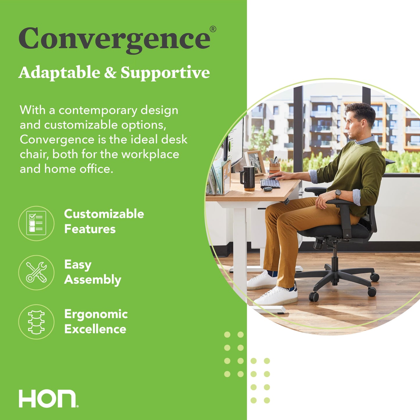 HON Convergence Ergonomic Office Chair, Breathable Back Support Mesh, Adjustable Arms, Computer Chair with Lumbar Support, Rolling Swivel Wheels, Comfortable Synchro-Tilt Recline, Fabric, Black