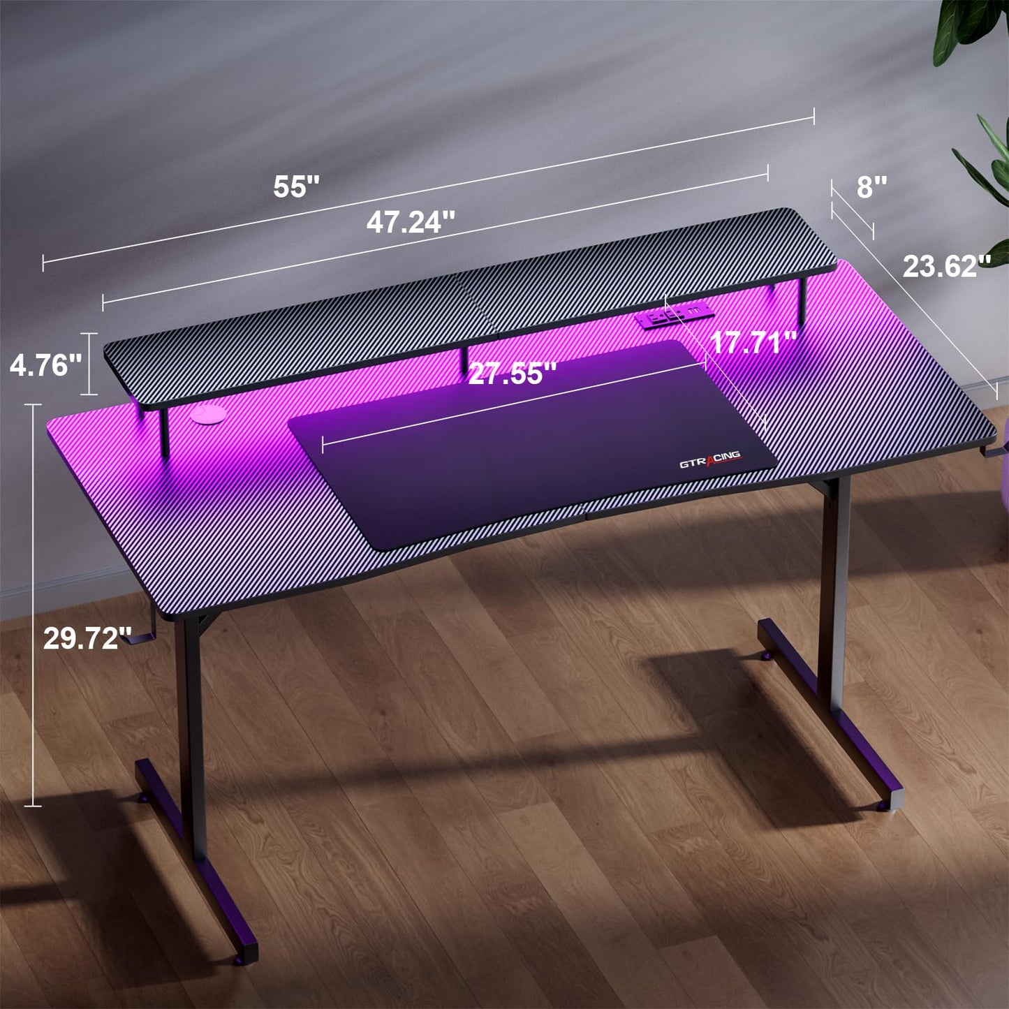 GTRACING 55 Inch Gaming Desk with LED Lights & Power Outlet, Computer Gamer Desk with Monitor Stand, Ergonomic Carbon Fiber Gaming Table Home Office Desk with Headphone Hook & Mouse Pad
