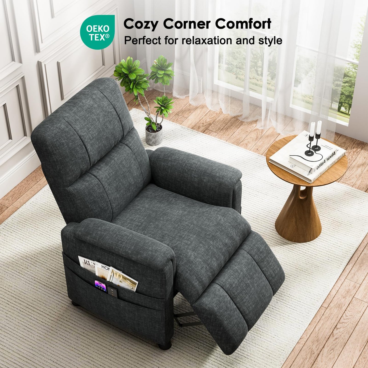 Amada Power Recliner Chair for Adults, Adjustable Modern Chenille Reclining Chair with Side Pockets, Remote, Footrest, Thick Seat Cushion for Home Theater, Living Room & Bedroom, RV (Dark Grey)