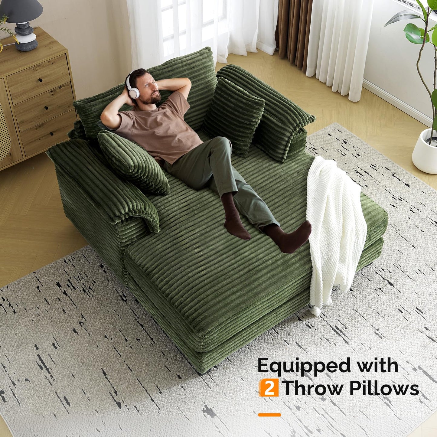 VINGLI Lounge Chair, 56" Oversized Reading Chair Corduroy Chaise Sofa Recliner Bed Upholstered Comfy Sleeper Couch with Throw Pillows and Armrests for Living Room, Movie Room, Bedroom