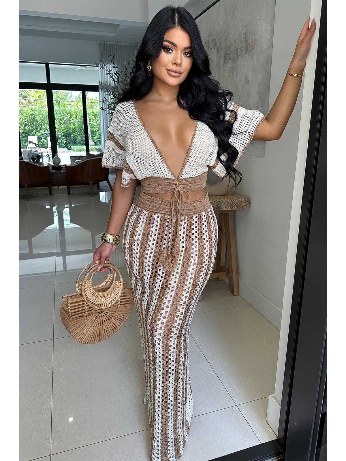 Angsuttc Two Piece Cover Ups for Women Crochet Hollowed Out Short Sleeve Vneck Crop Shirts Maxi Skirt Outfits Khaki XL