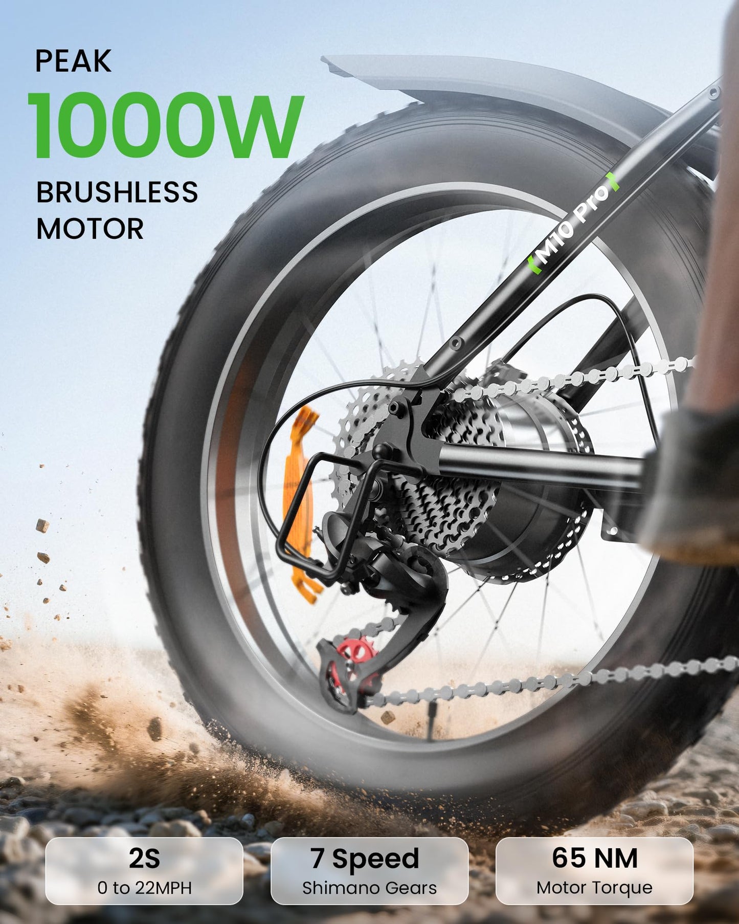 M10Pro Electric Bike for Adults 22Mph 1000W Peak Motor, 0-50° Adjustable Handlebar Mountain Ebike 375Wh Removable Battery 50 Miles Range 7 Speed Shift, 20x4.0 Fat Tire Adult Teenager Electric Bicycles