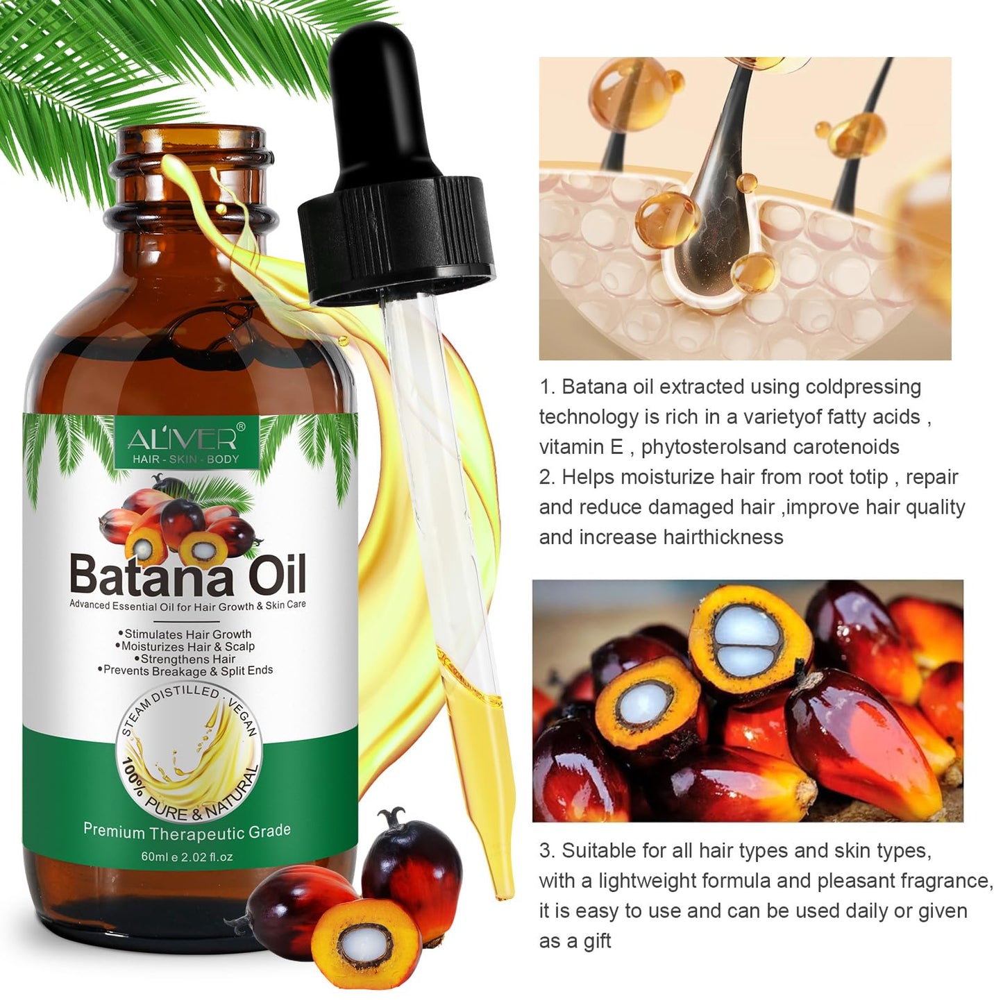 ALIVER Hair Growth Oil - 100% Natural Cold-Pressed Batana Oil, Enhances Radiance, Combats Hair Loss & Repairs Damage - 2.02 Fl Oz