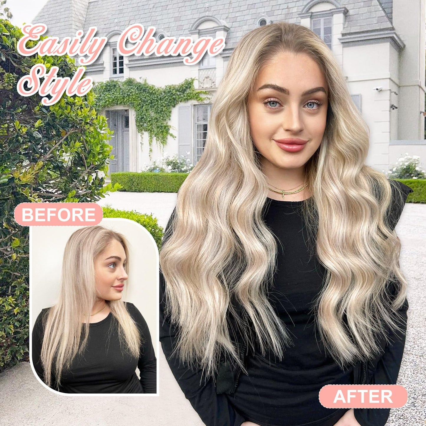 ALXNAN Clip in Long Wavy Synthetic Hair Extension 20 Inch Ash Blonde Mix Highlights 4PCS Thick Hairpieces Fiber Double Weft Hair for Women