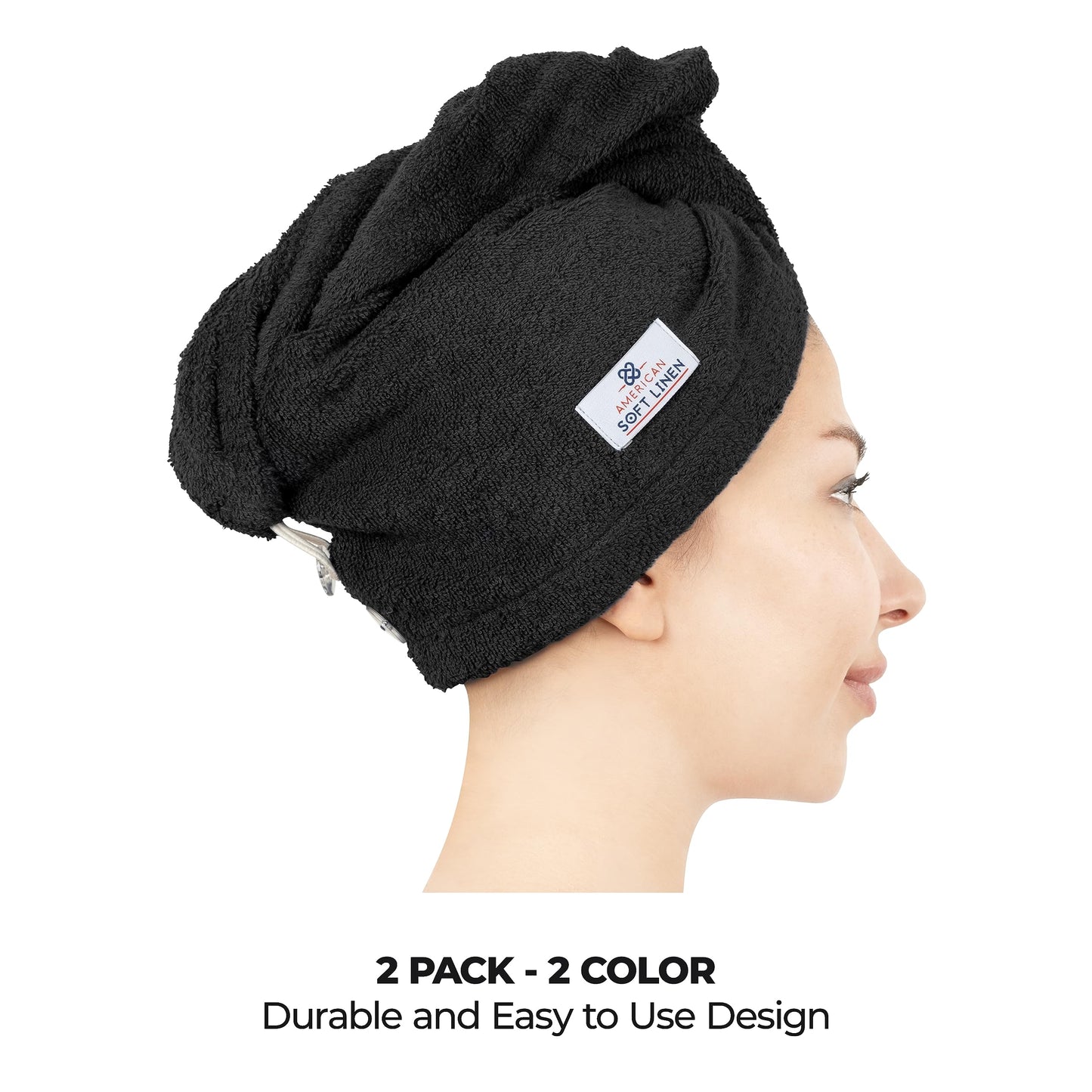 American Soft Linen 100% Cotton Hair Towels for Women, Head Towel Cap, Cotton Hair Turban Towel Wrap, Soft and Absorbent 2 Pack, Black-Light Gray