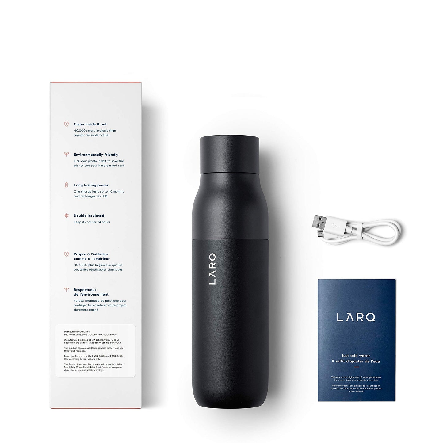 LARQ Bottle PureVis 25 oz - Self-Cleaning and Insulated Stainless Steel Water Bottle with UV Water Purifier and Award-winning Design | Reusable & Travel Friendly, Obsidian Black