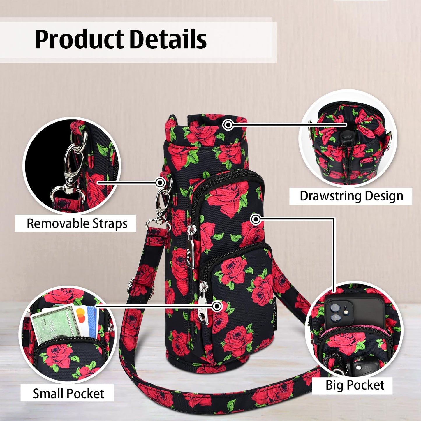 Betsey Johnson Insulated Water Bottle Pouch Holder Carrier Crossbag with Adjustable Shoulder Strap - Lightweight Polyester Accessories with Pockets Good for Hiking Travelling Sports(Covered Roses)