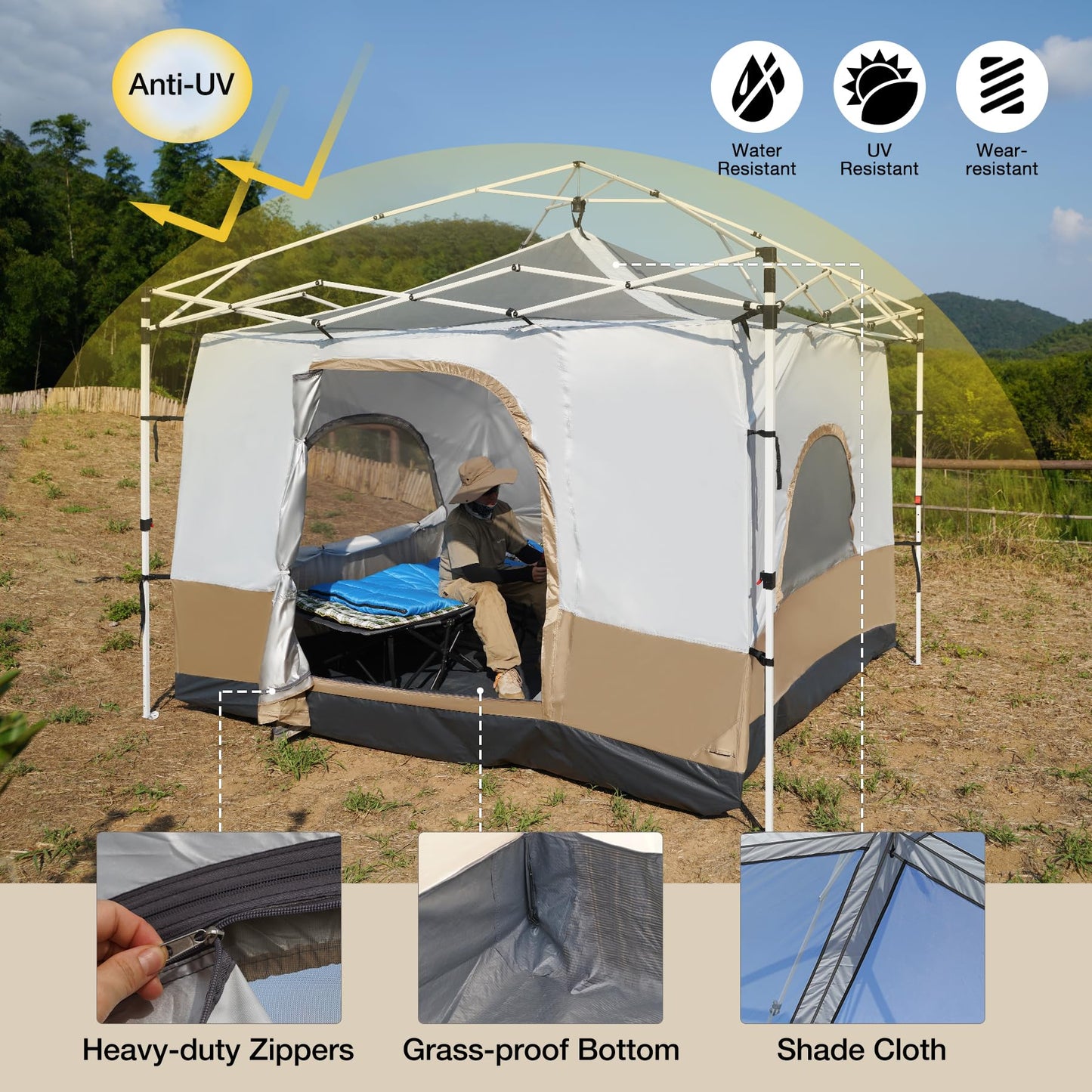 REDCAMP Canopy Camping Tent for Pop Up Canopy Tent, Inner Tent with Mesh Window, Converts Straight Leg 10'x10' or 10'x20' Canopy into Camping Tent, Fits 4-6 Person, Khaki(Frame/Shelter NOT Included)